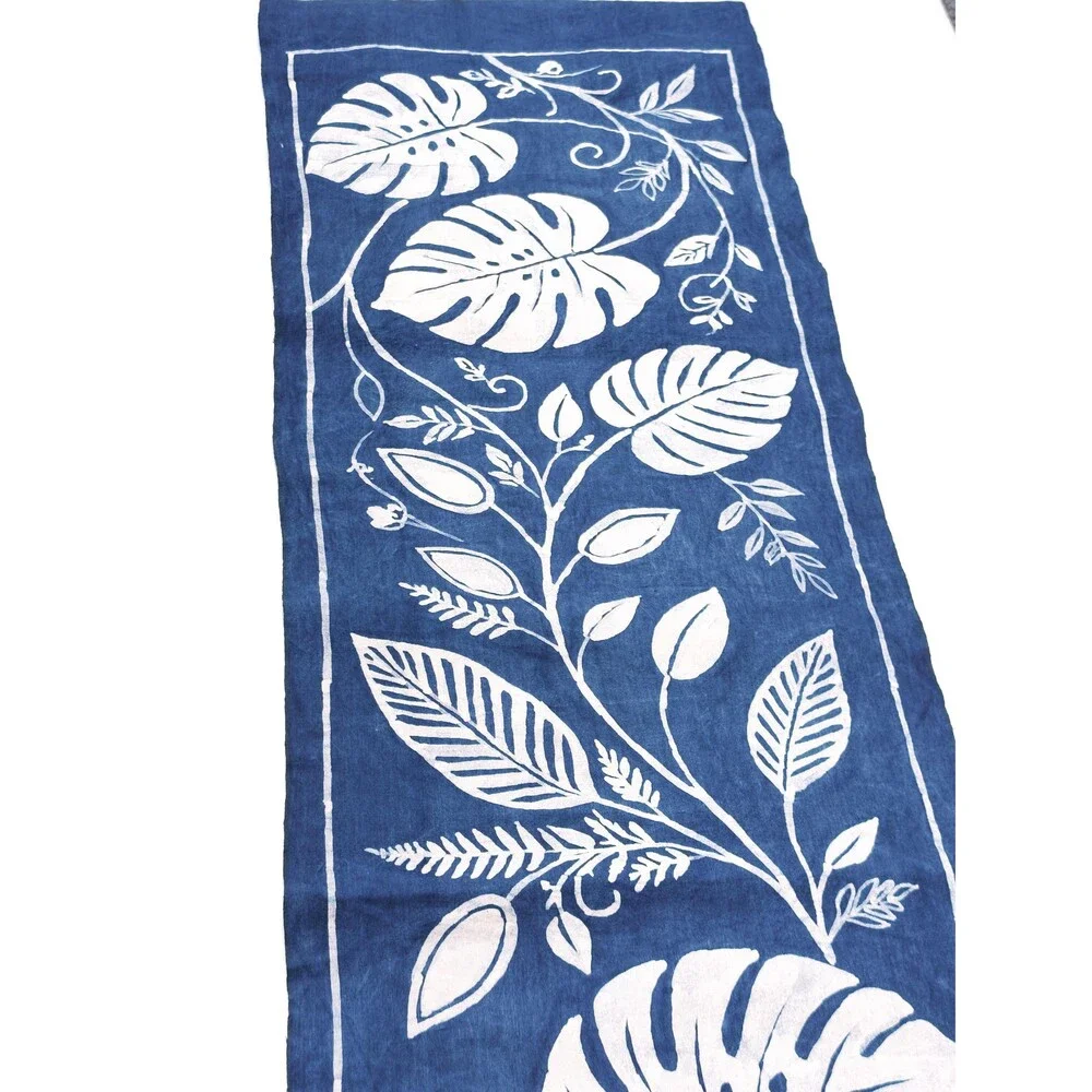 Handmade Indigo Batik Table Runner, Monstera Leaf Botanical Table Decor